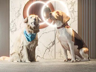 Two Dogs Wearing Blue Scarf and Red Collar Sitting Before Marble Wall with Circular Decor 3d model