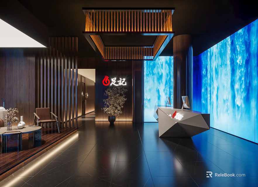 Footprint Logo Modern Lobby With Wooden Decor Dark Floor Blue Screen And Geometric Desk 3d model 