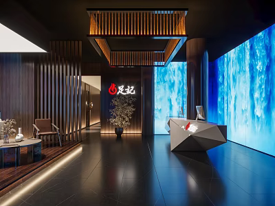 Footprint Logo Modern Lobby With Wooden Decor Dark Floor Blue Screen And Geometric Desk 3d model