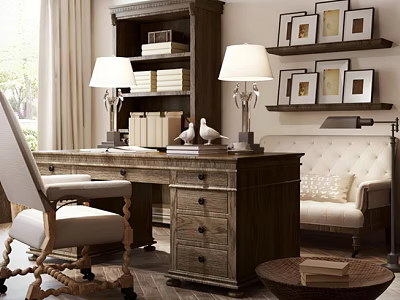 Classic Solid Wood Desk With Table Lamps Bookshelf And Wall Framed 3d model