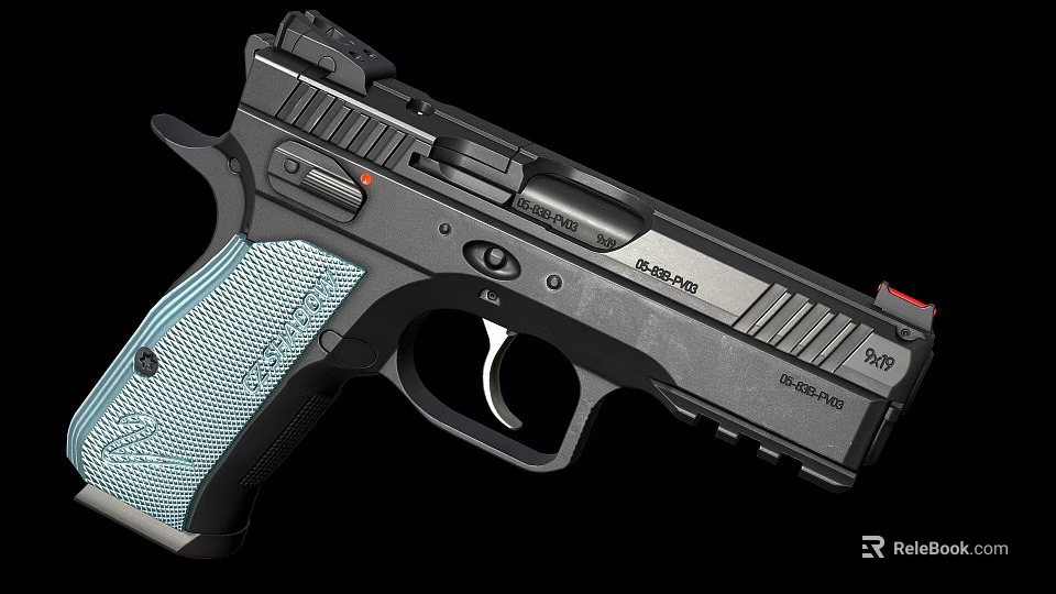 Modern Black Pistol Featuring Blue Textured Grip And Tactical Firearm Design 3d model 