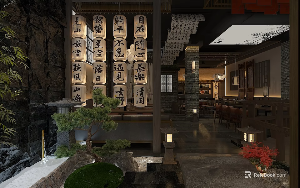 Traditional Japanese Style Bar With Stone Walls Hanging Lanterns And Greenery 3d model 