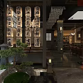 Traditional Japanese Style Bar With Stone Walls Hanging Lanterns And Greenery