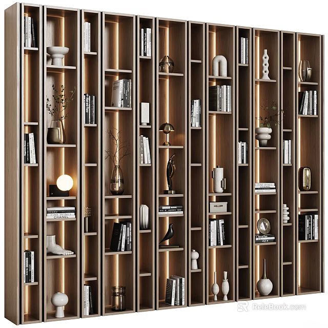 Modern Bookcase Interior Design With Wooden Shelves LED Lighting And Decorative Items 3d model 