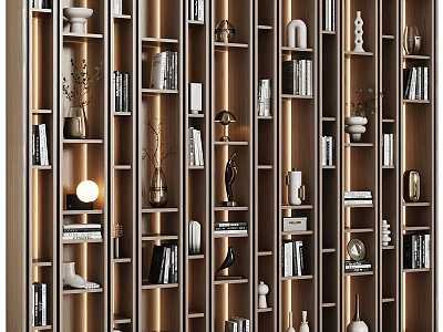 Modern Bookcase Interior Design With Wooden Shelves LED Lighting And Decorative Items 3d model