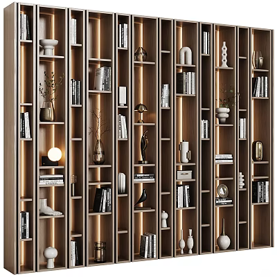 Modern Bookcase Interior Design With Wooden Shelves LED Lighting And Decorative Items 3d model