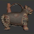 Traditional Animal Shaped Pottery Sculpture Carving with Colorful Geometric Patterns and Decorative Handle