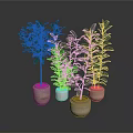 Four Green Indoor Potted Plants In Different Colored Pots Against Gray Background