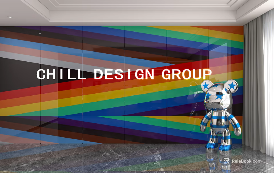 Colorful Striped Background Wall with CHILL DESIGN GROUP and Silver Robot Bear Sculpture 3d model 