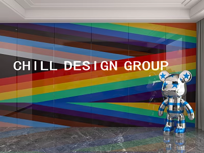 Colorful Striped Background Wall with CHILL DESIGN GROUP and Silver Robot Bear Sculpture 3d model