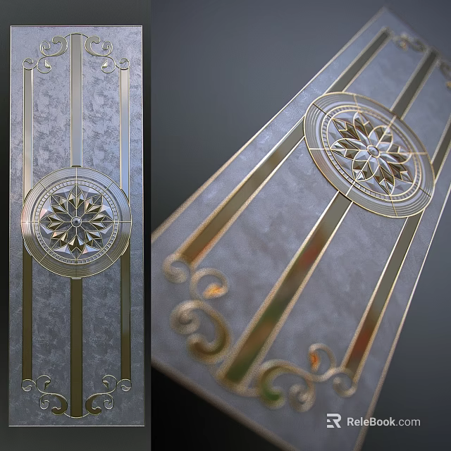 Intricate Carved Window Design With Floral Pattern Golden Accents And Gray Marble Background 3d model 