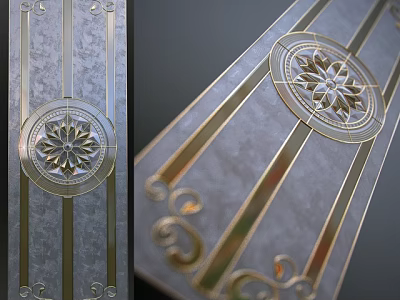 Intricate Carved Window Design With Floral Pattern Golden Accents And Gray Marble Background 3d model