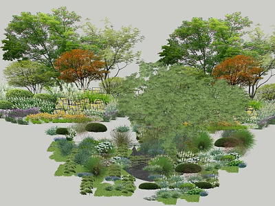Lush Arbor Trees In Garden Landscape With Diverse Shrubs Flowers And Greenery 3d model