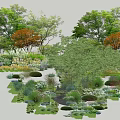 Lush Arbor Trees In Garden Landscape With Diverse Shrubs Flowers And Greenery