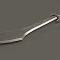 Ornate Medieval Weapon With Silver Carved Blade Brown Handle And Metal Accents