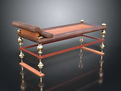 Vintage Wooden Daybed With Leather Backrest And Brass Decorative Legs 3d model