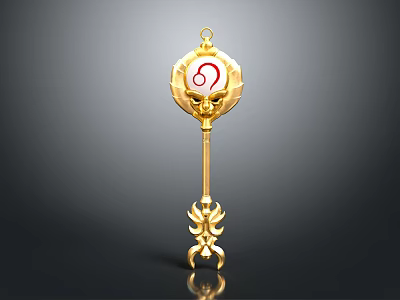 Golden Ornate Weapon Staff With Circular Red Symbol And Intricate Design 3d model
