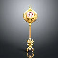 Golden Ornate Weapon Staff With Circular Red Symbol And Intricate Design