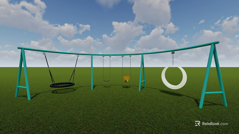 Outdoor Playground Equipment with Green Metal Frame and Various Swings on Grass Field Under Blue Sky 3d model 
