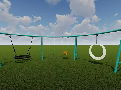 Outdoor Playground Equipment with Green Metal Frame and Various Swings on Grass Field Under Blue Sky 3d model