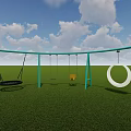 Outdoor Playground Equipment with Green Metal Frame and Various Swings on Grass Field Under Blue Sky