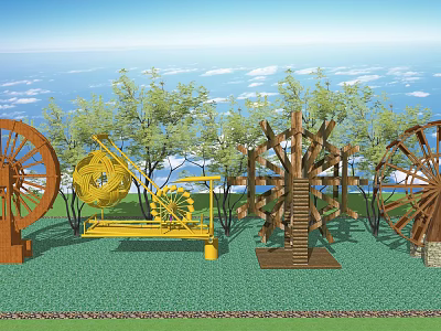 Garden Ornaments Featuring Wooden Windmill Gear Shaped Decorations Green Grass Trees Blue Sky 3d model