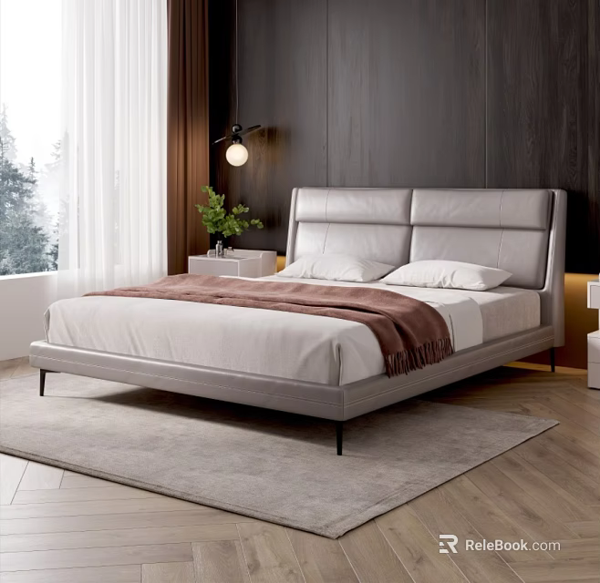 Modern Gray Leather Double Bed With Nightstand Green Plant Table Lamp Wooden Wall And Curtains 3d model 