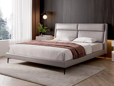 Modern Gray Leather Double Bed With Nightstand Green Plant Table Lamp Wooden Wall And Curtains 3d model