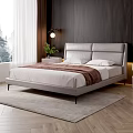 Modern Gray Leather Double Bed With Nightstand Green Plant Table Lamp Wooden Wall And Curtains