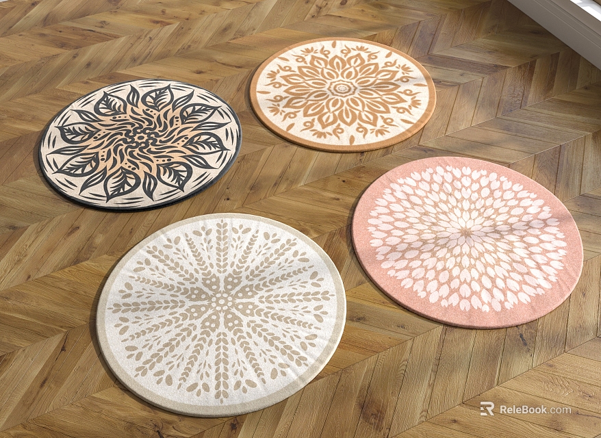 Round Rugs With Decorative Patterns In Various Colors On Wooden Floor 3d model 