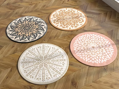Round Rugs With Decorative Patterns In Various Colors On Wooden Floor 3d model
