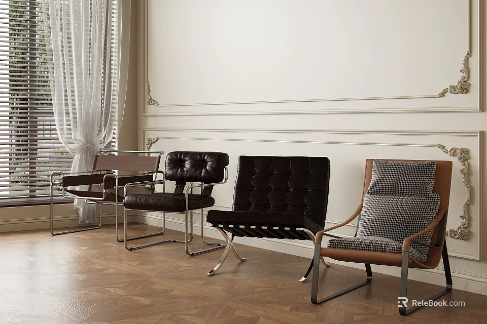 Multiple Designs Accent Chairs in Modern Interior With Wooden Flooring And Decorative Walls 3d model 
