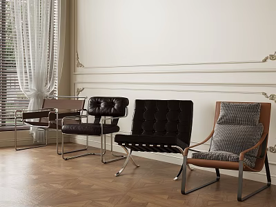 Multiple Designs Accent Chairs in Modern Interior With Wooden Flooring And Decorative Walls 3d model