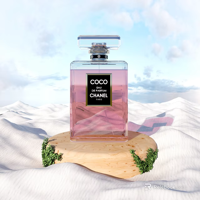 Chanel Coco Mademoiselle Perfume With Transparent Bottle Pink Liquid On Wooden Base And Snowy Background 3d model 