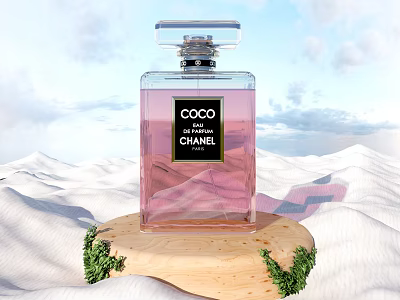 Chanel Coco Mademoiselle Perfume With Transparent Bottle Pink Liquid On Wooden Base And Snowy Background 3d model
