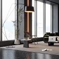 Modern Luxurious Living Room With Large Windows Dark Wooden Bookshelves Green Sofa And Floor Lamp