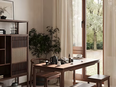 Traditional Tea Room Interior With Wooden Table Chairs Tea Sets Plants And Scenic View 3d model