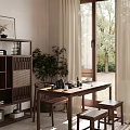 Traditional Tea Room Interior With Wooden Table Chairs Tea Sets Plants And Scenic View