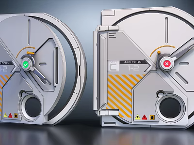 Industrial Style Swing Door With Circular Viewport Indicator Light And Yellow Warning Stripe 3d model