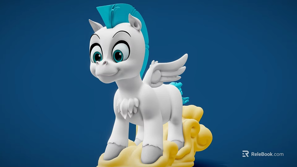 Cute White Cartoon Pony With Blue Mane Wings Standing On Yellow Cloud 3d model 