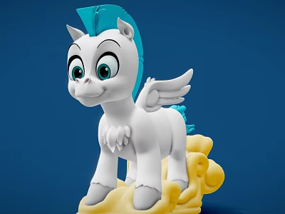 Cute White Cartoon Pony With Blue Mane Wings Standing On Yellow Cloud 3d model