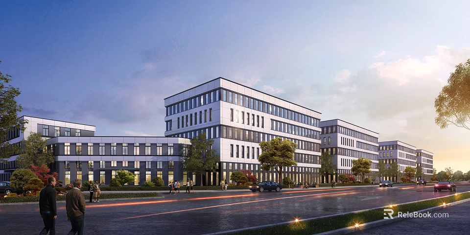 Modern Office Building Complex with Glass Facade and Trees Near Urban Street 3d model 