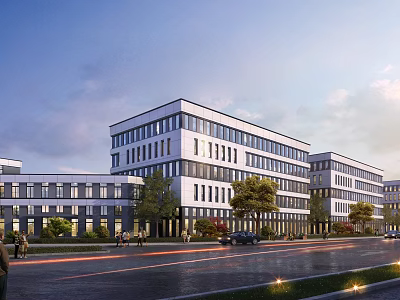 Modern Office Building Complex with Glass Facade and Trees Near Urban Street 3d model