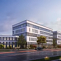 Modern Office Building Complex with Glass Facade and Trees Near Urban Street