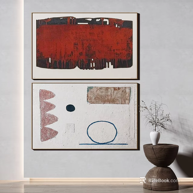 Abstract Wall Art Decor With Red Background Geometric Patterns And Vase With Dried Branches 3d model