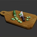 Wooden Cutting Board With Whole Cucumber Knife And Sliced Cucumber