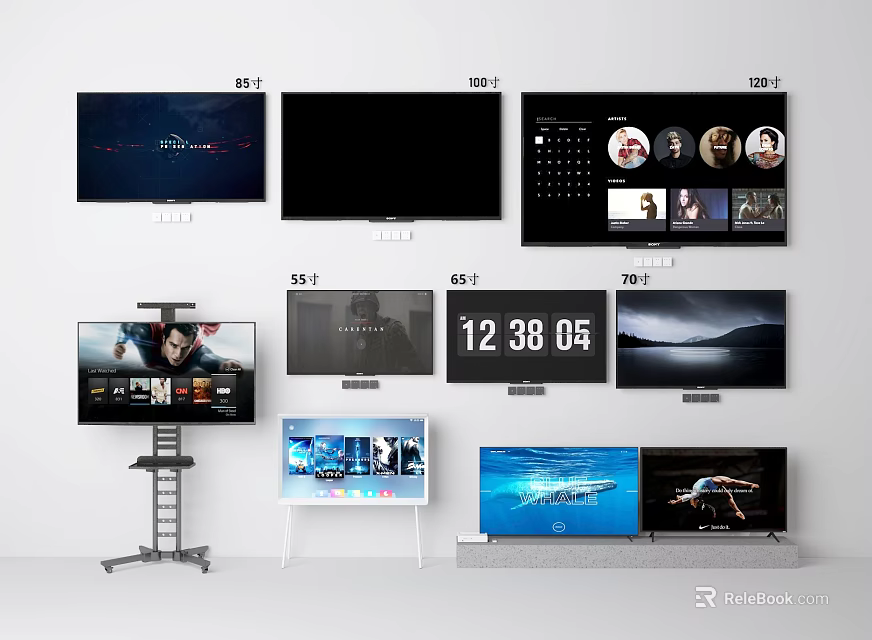 Modern TVs With Various Screen Displays Interface Time And Mounting Styles 3d model