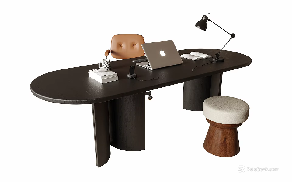 Oval Black Desk with Laptop Table Lamp Books White Mug Brown Chair and Wooden Stool 3d model 