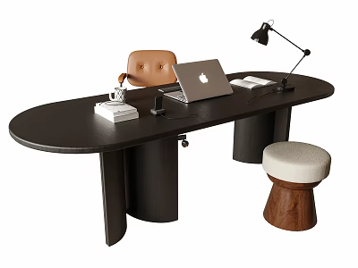 Oval Black Desk with Laptop Table Lamp Books White Mug Brown Chair and Wooden Stool 3d model