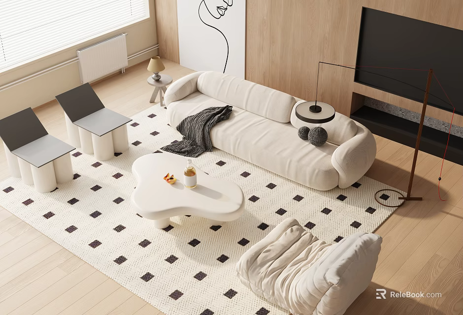 Modern Living Room With Beige Sofa And White Coffee Table Set Checkered Rug Line Art 3d model 